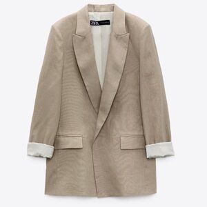 Zara Tan Linen Blazer with Notched Lapels and Relaxed Fit